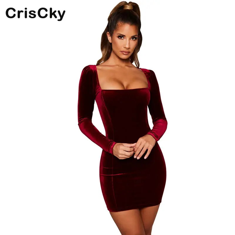 CRISCKY New Spring Dress Women Square Colla Long Sleeve Sexy Bodycon Mini Dresse Ladies Autumn Elegant Party Clubwear Vestidos