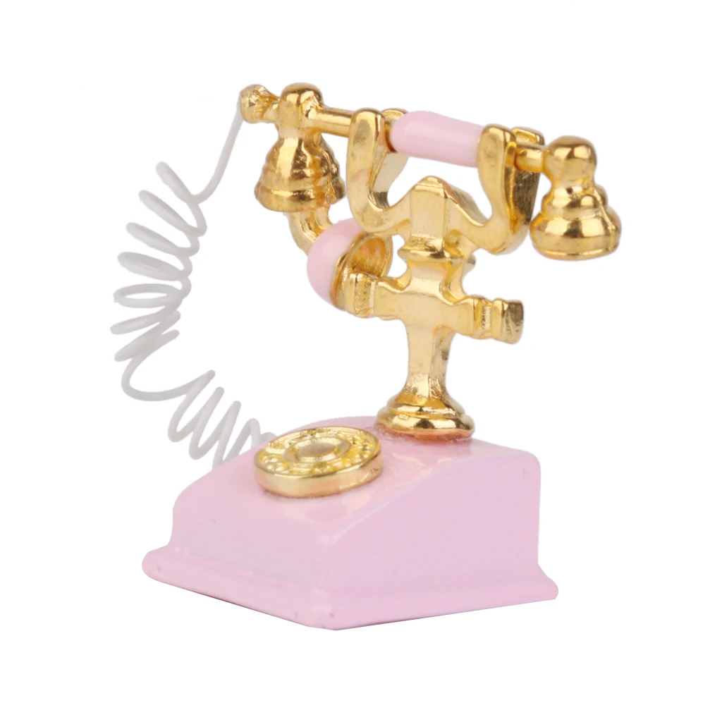 1/12 Retro Phone Pink Vintage Desk Telephone Dollhouse Miniature Simulation Toy