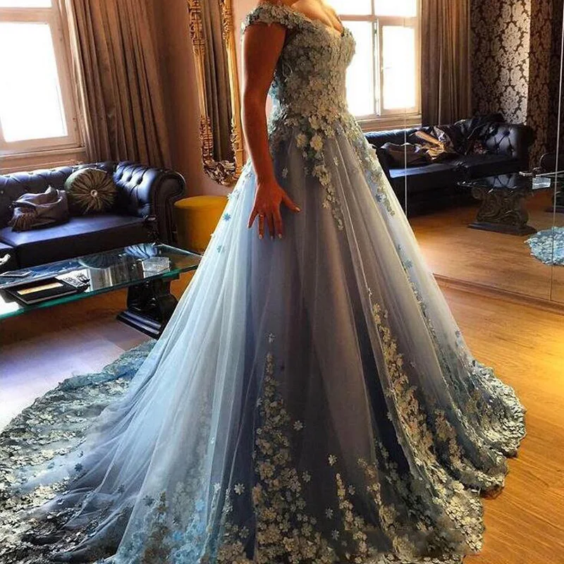 Gorgeous Blue Long Prom Gowns 2018 Off the Shoulder Ball Gown Flowers Formal Evening Gowns Vestido de festa Custom Made179
