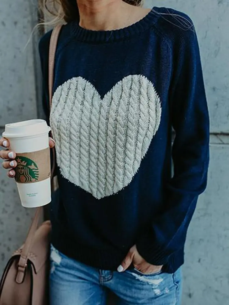 Осенний свитер, джемпер, топы, новинка, Модный женский свитер, Женский двусторонний Вязанный свитер, пуловеры с узором в виде сердца