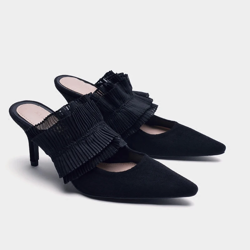 

Boussac Pointed Toe High Heel Women Sandals Black Pleated Heel Sandals Summer Elegant Women Mules Shoes SWC0269