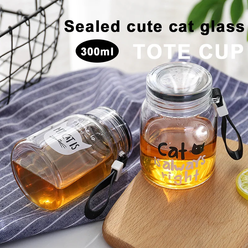 

Hand Cup Glass Cup Gift Cat Pattern Travelling Cup Bar Dining Student Creative 300ml Hermetically Sealed Drinks Tea Clear
