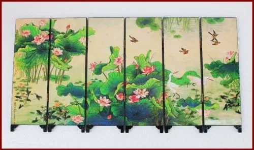 Китайский миниатюрный винтажный деревянный цветок лак шесть складной экран украшения