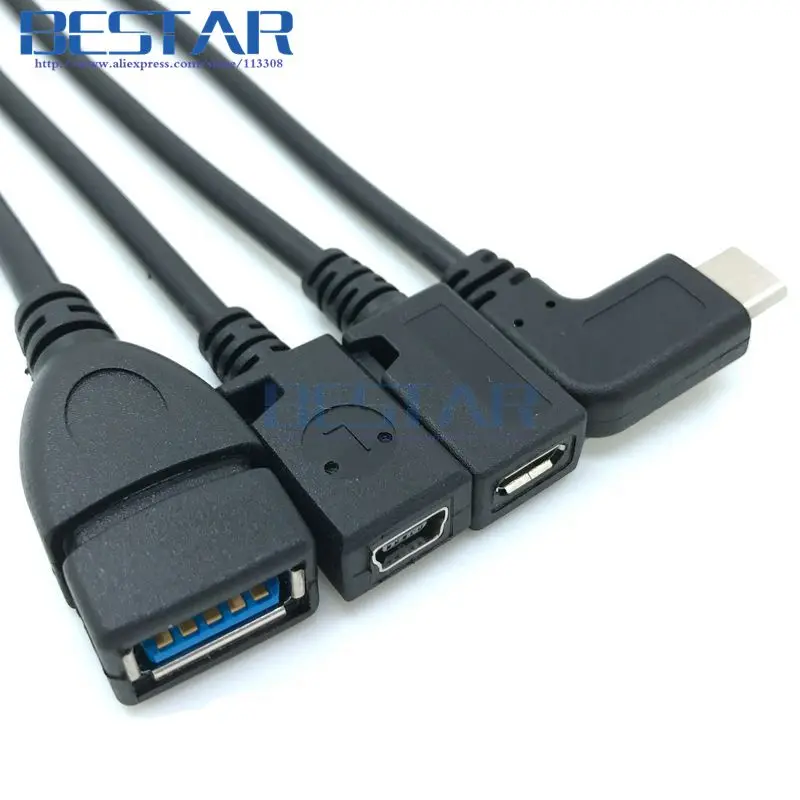 Flash Deal 100pieces/lot USB 3.1 Type-c Male Right Angle to USB Mini-USB Micro-USB Female Convert adapter Cable 25cm Mini Micro USB Cables 1