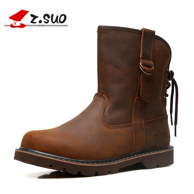 

Z.SUO Brand 992 Men's Autumn Crazy Horse Leather Boots Strong Man Medium-leg Individual Back Shoelaces Motorcycle Boots