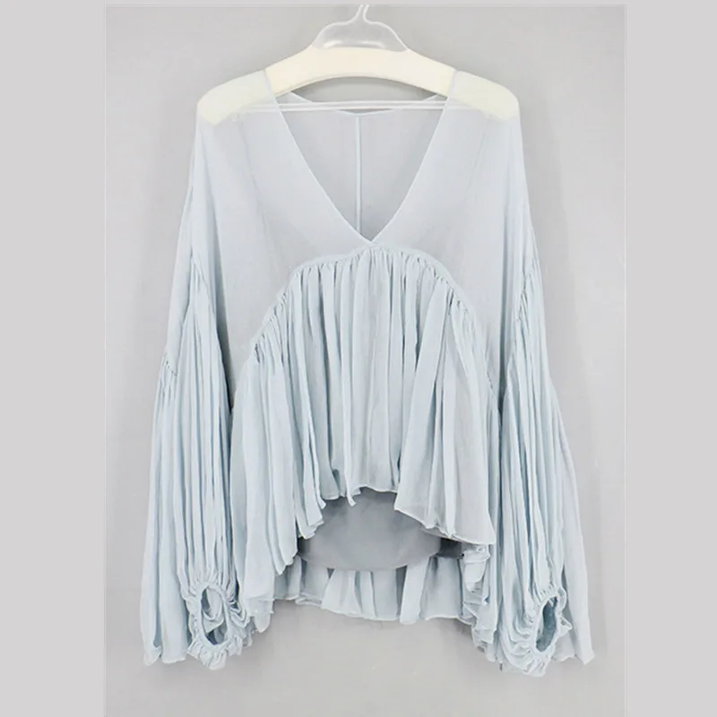 Женская блузка с V образным вырезом и рукавами фонариками|lantern sleeve|sleeve topsilk blouse |