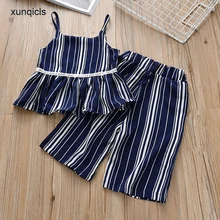 Xunqicls/комплект летней одежды для девочек, новинка года, полосатая Детская рубашка на бретельках Топ+ свободные штаны верхняя одежда для маленьких девочек, От 3 до 8 лет