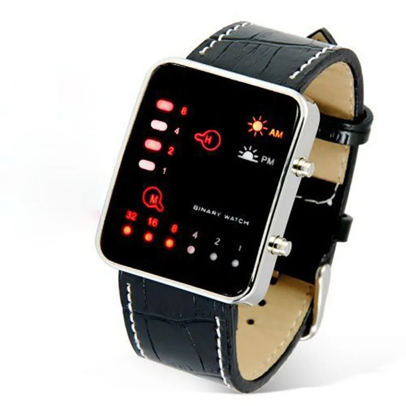 

2018 New Design Digital Red LED Sport Wrist Watch Binary Wristwatch PU Leather Women Mens Watch Mens Watches Top Brand Luxury
