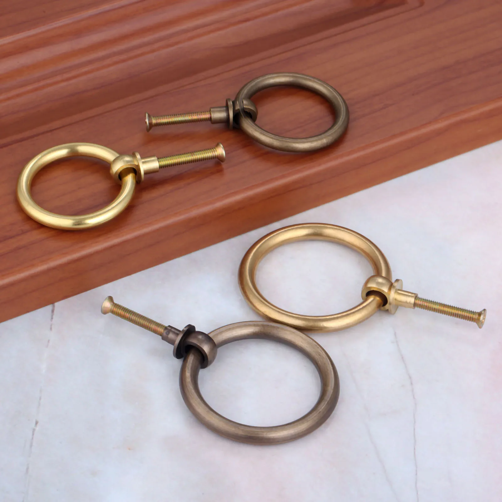 DRELD 1 Pc خمر معدات من النحاس درج حجرة خزانة أثاث المطبخ مقبض العتيقة برونزية الباب الدائري سحب المقابض 40mm 50mm
