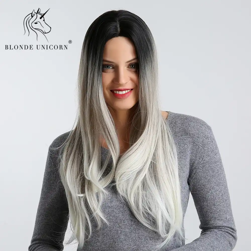 Blonde Unicorn 22 Inch Synthetic Long Straight Cosplay Wig For Women Dark Root Ombre Grey Brown Center Parting Real Crown