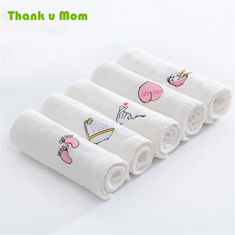  5PCS/LOT 100% Cotton Baby Wipes Muslin Cloth Squares Handkerchief Embroidery Pattern Baby Washcloth