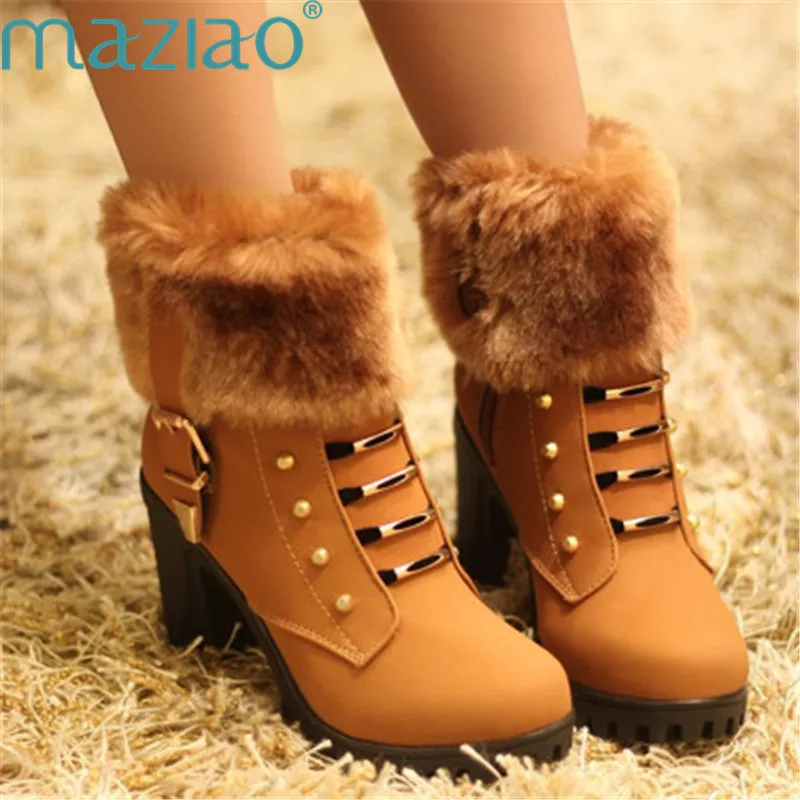

winter boots women round head high heel short plush keep warm side zipper sexy fur ankle boots for women platform shoes MAZIAO