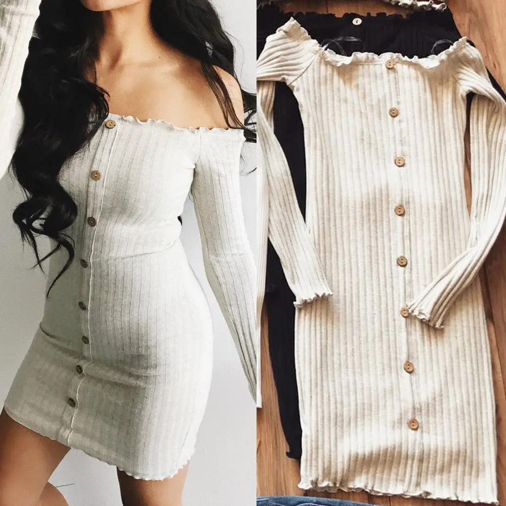 

2019 Hot Sale Off Shoulder Trendy Women dress Long Sleeve solid Button Evening Casual Party Bodycon Mini Dresses one pieces