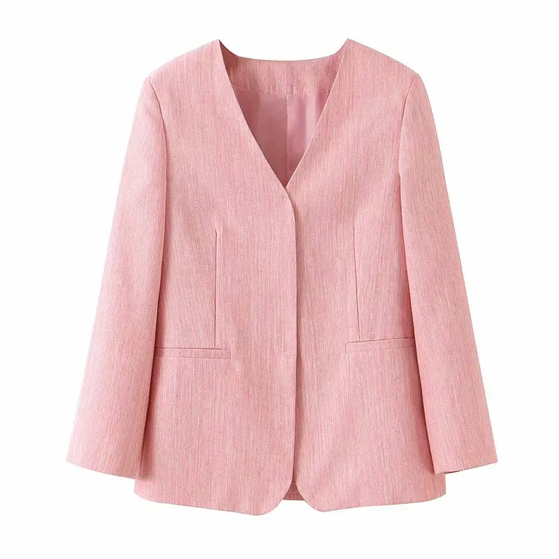 

Women Elegant Pink V Neck Coat Pockets Office Wear Solid Outerwear Female Casual Chic Open Stitch Tops FFZWT23