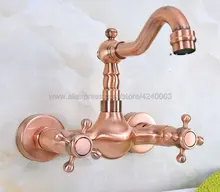 Antique Red Copper Wall Mounted Dual Cross Handles Swivel Spout Kitchen Sink Mixer Tap / Bathroom Basin Faucets Kna946 Antique Red Copper Wall Mounted Dual Cross Handles Swivel Spout Kitchen Sink Mixer Tap / Bathroom Basin Faucets Kna946