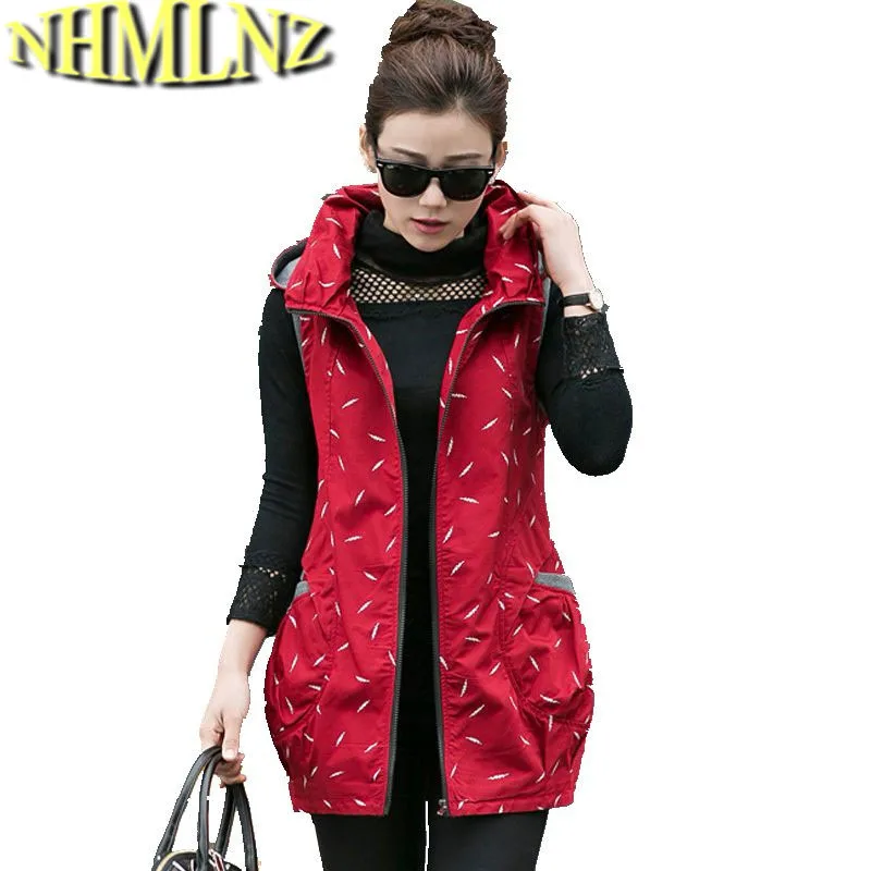 

2019 Spring Autumn Women Vest Coat Medium Long Hooded Printing Sleeveless Vest Female Loose Casual Large size M-3XL Vest F998