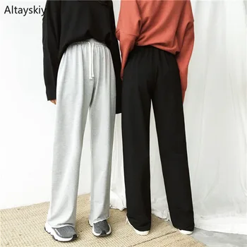 

Pants Women Full Length Solid Simple All-match Korean Style Pockets Leisur Daily Loose Straight Pant Womens Soft Trousers New