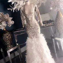 Длинное платье выпускного вечера дизайн Русалка v-образным вырезом с длинным рукавом серебряные блестки белое перо африканская темнокожая девушка платье выпускного вечера