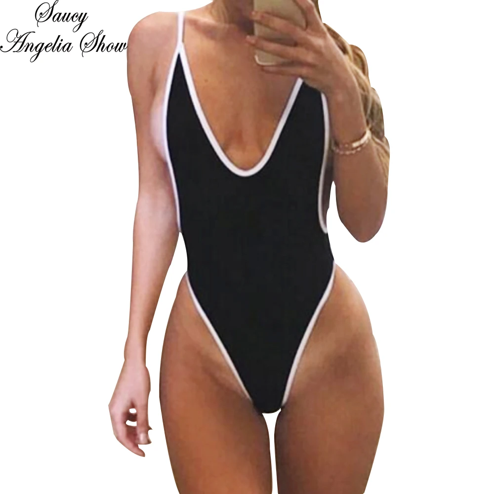 

SAUCY ANGELIA Women Swimwear Sexy Black Deep V Strap One Piece Swimsuit High Waist Bodysuits Thong Bathing Suits Femme Monokinis