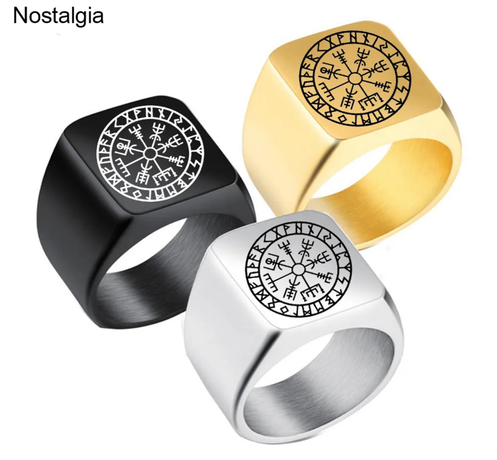 

Nostalgia Stainless Steel Norse Viking Vegvisir Compass Titanium Runic Runes Mens Signet Finger Rings Black Gold Silver Tone