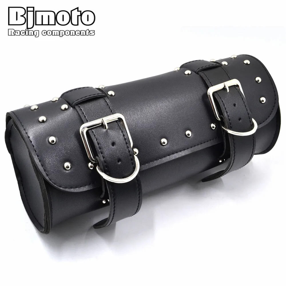 BJMOTO Black Motorcycle Saddlebag Side Bag PU Leather Roll Barrel Tool