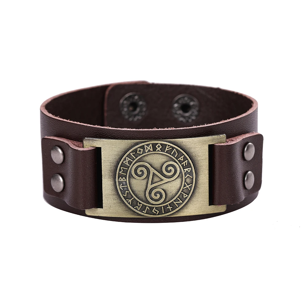LIKGREAT подлинные винтажные кожаные браслеты кельтский символ Triskel Wicca руны амулет наручные ювелирные изделия для мужчин браслет аксессуары подарок - Окраска металла: 3
