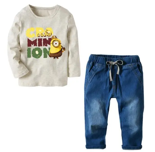 Boys Fashion Suits 100% Cotton 2018 Cartoons Minion T-Shirts+Jeans 2PCS Pant Set Street Style Kids Outfits Children's Clothing