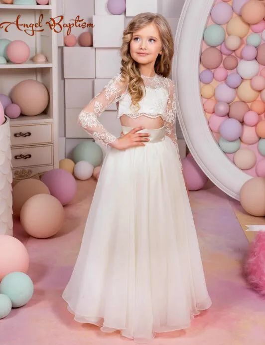 New arrival ivory two pieces A-line flower girl dress with illusion laces long sleeves for junior bridesmaid wedding occasion New arrival ivory two pieces A-line flower girl dress with illusion laces long sleeves for junior bridesmaid wedding occasion