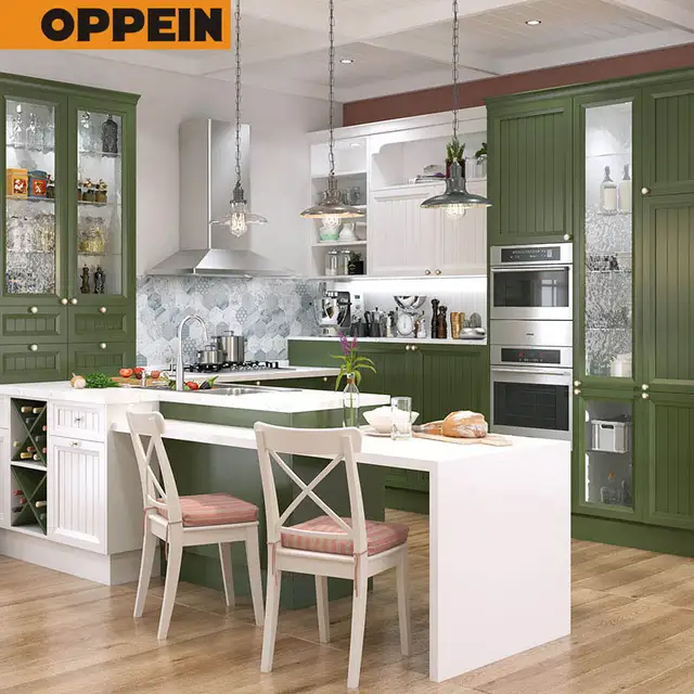 Oppein China Manufacturer High End Green Pvc Kitchen Cabinets Set