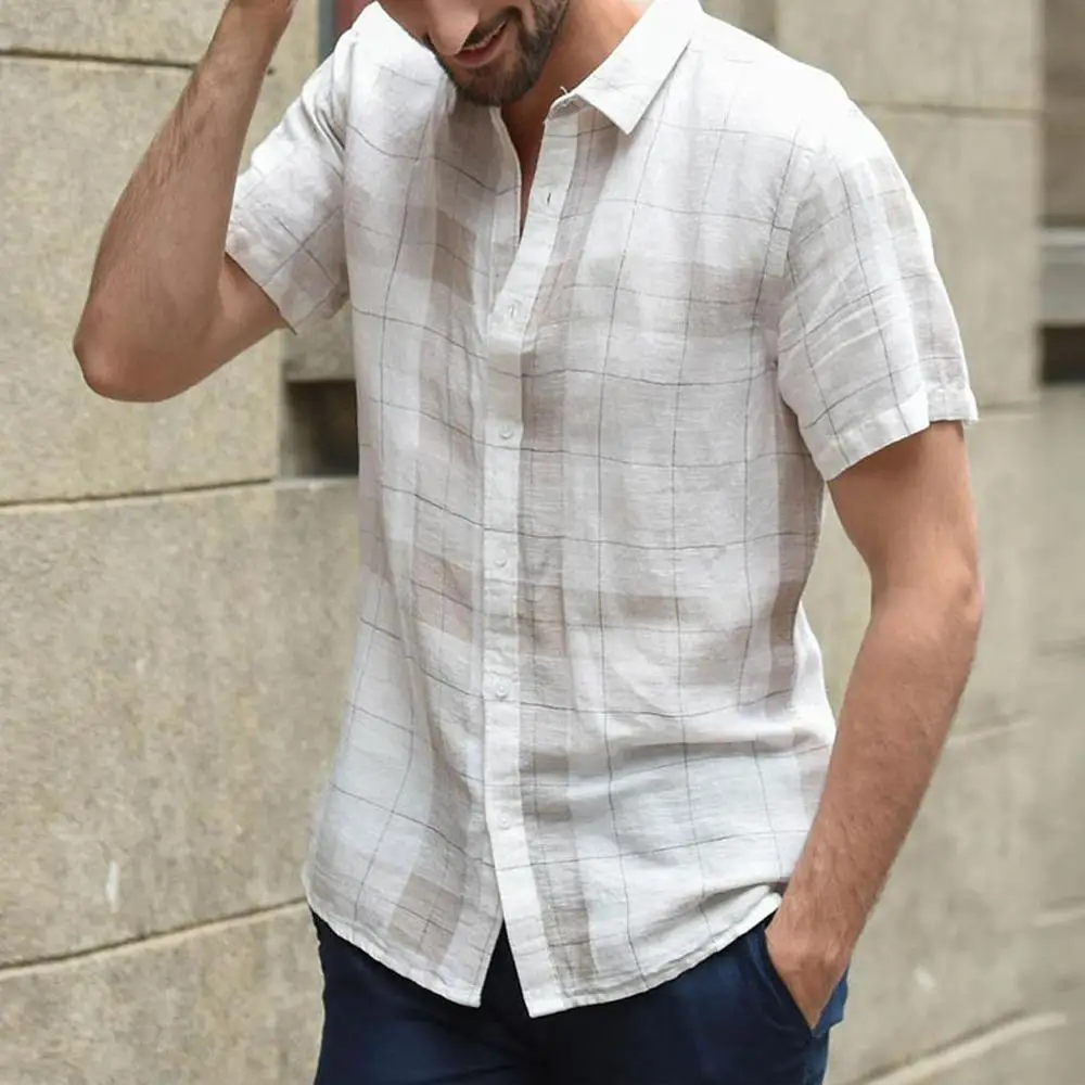 

Mens Plaid Shirt Short Sleeve Cotton Linen Shirts Fashion Men Baggy Turn-down Collar Button Shirt Camicie Uomo Drop shipping c