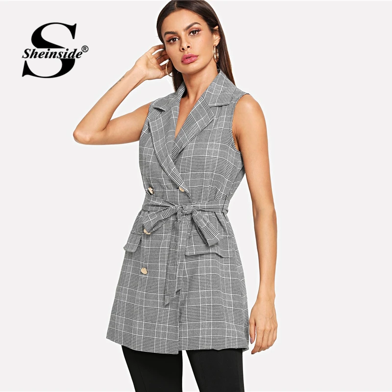 Sheinside, серые осенние женские блейзеры и куртки, зубчатая верхняя одежда, Женское пальто,, двойная пуговица, с поясом, клетчатый жилет, блейзер