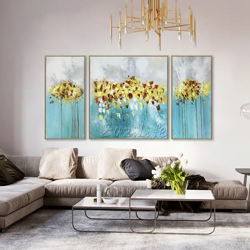 3 шт. холст акриловая живопись caudros decoracion Синий Золотой цветок картина маслом