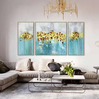 

3 pieces Canvas Acrylic painting caudros decoracion blue gold flower oil Painting Wall Art Pictures for living room wall Decor13