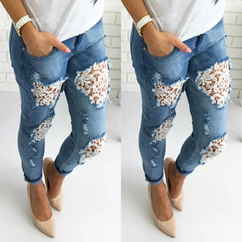 Модные женские летние джинсы с дырками и кружевами, обтягивающие облегающие рваные джинсы, повседневные синие обтягивающие джинсовые штаны размера плюс, женская одежда