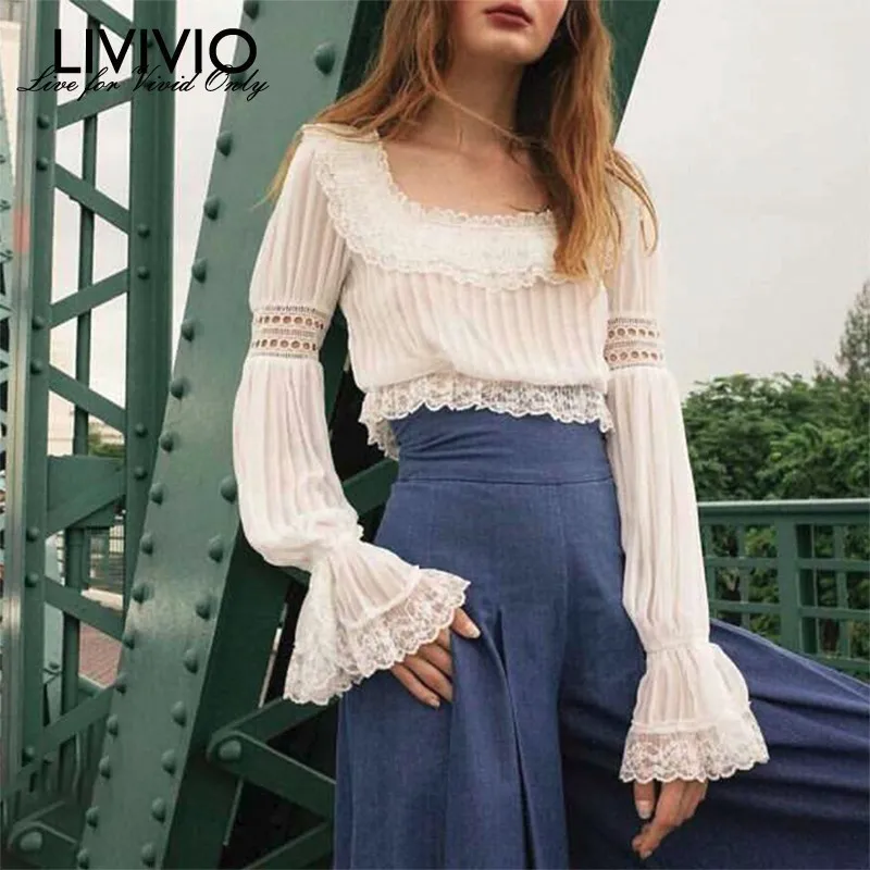 

[LIVIVIO] Sweet Crop Tops Female Flare Long Sleeve Hollow Out Patchwork Lace Short Shirts Blouse Women 2018 Autumn Fashion