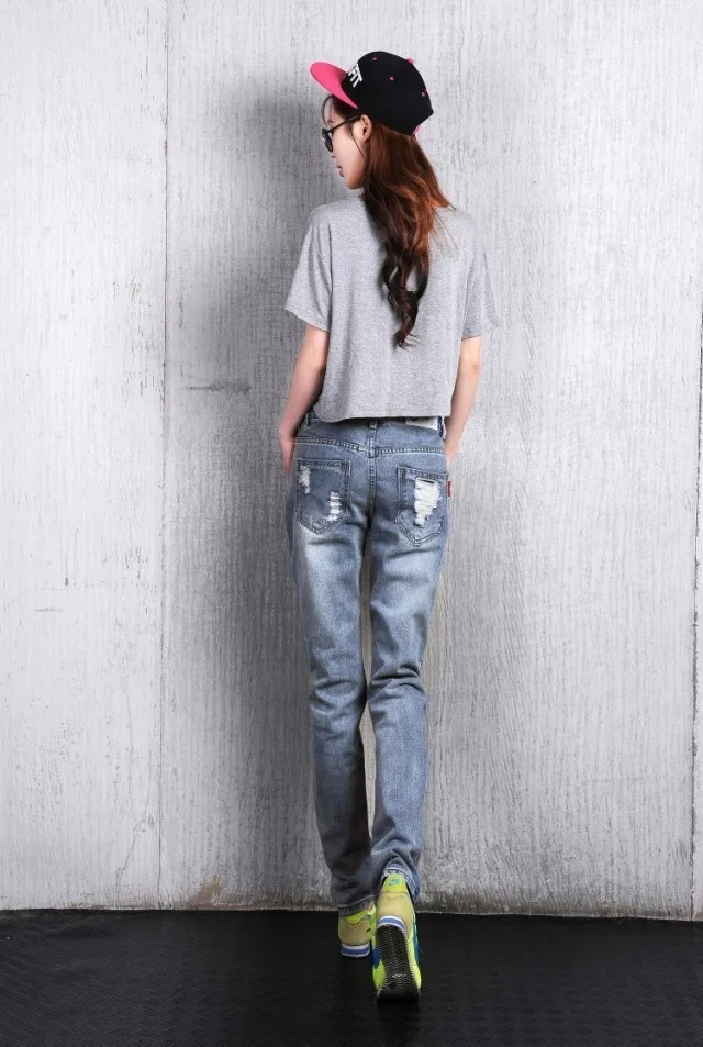 Новинка женские Модные свободные плюс большие размеры рваные джинсы женские джинсы-бойфренды для Для женщин женские повседневные рваные джинсы L920