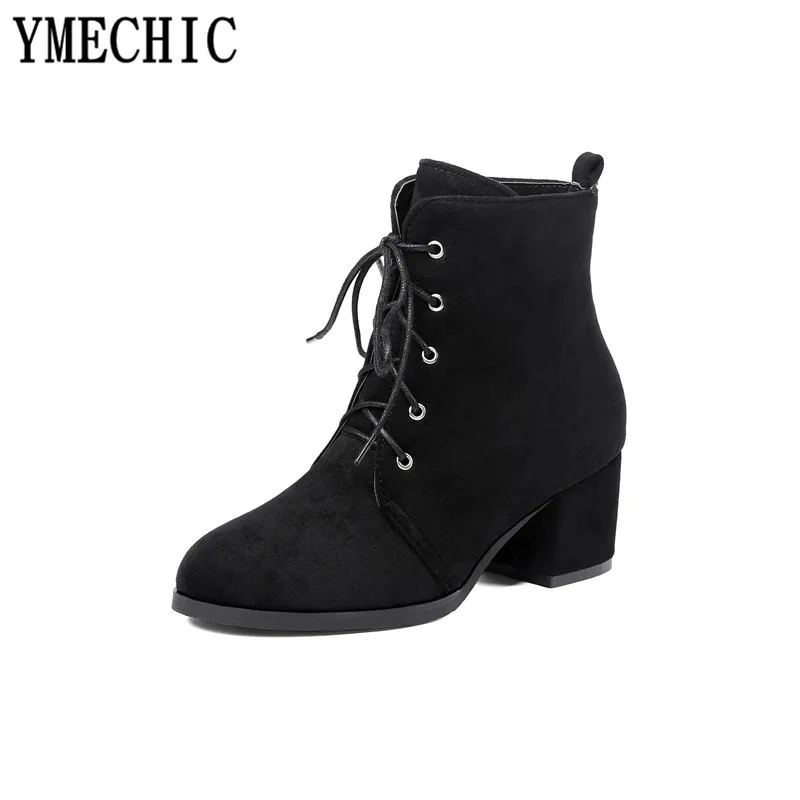 YMECHIC/2018 женские ботинки ботильоны на шнуровке высоком блочном каблуке зимняя