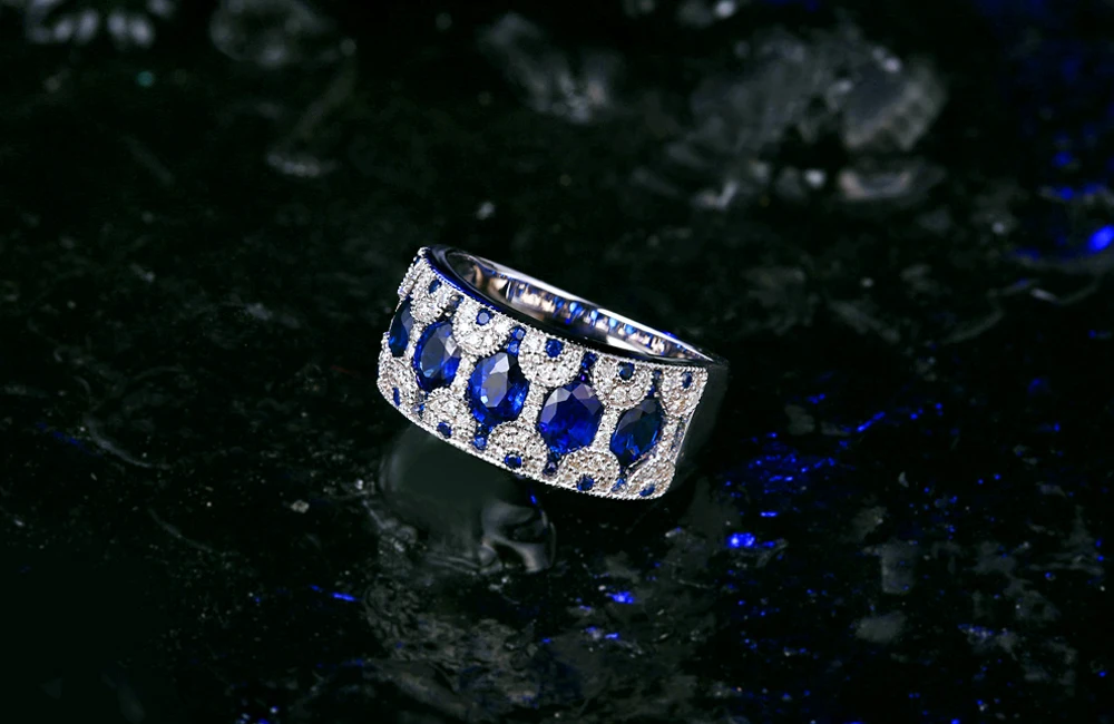 Caimao Jewelry 18k White Gold 0.24ct Natural Diamond & 1.33ct Sapphire Ring