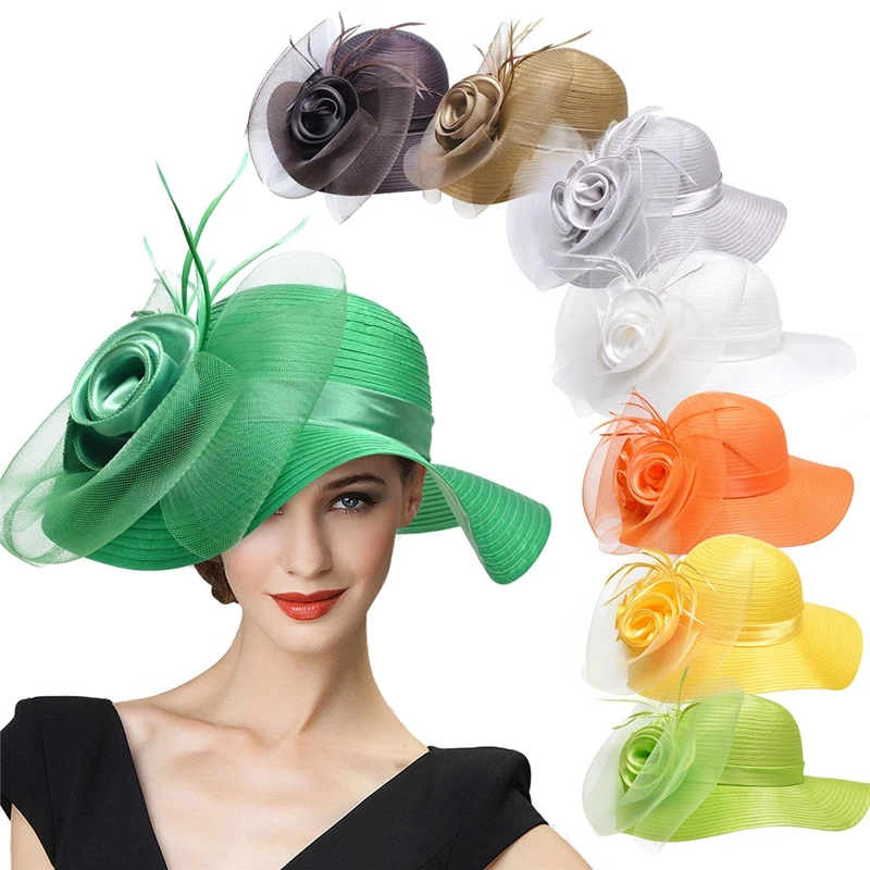 Летние шляпы для женщин, однотонные Сатиновые цветочные шляпы с широкими полями, гибкие шляпы для Кентукки, Дерби, церкви, чая, вечерние платья A433