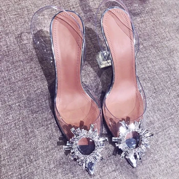 

Luxury Crystal Flowers Women Summer Fashion PVC Sandals Pointy Toe Ladies Transparent Heel Party Shoes Ankle Buckle Stiletto