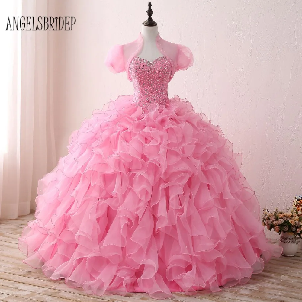 

ANGELSBRIDEP Pink Quinceanera Dresses With Jacket Elegant Long Ruffles Strapless Ball Gown Party Dress for 15 Years