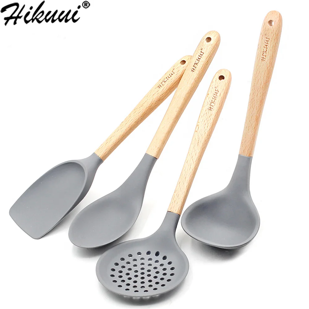 

4pc/Set Wooden Handle Utensils Silicone Cooking Tools Kitchen Spoon Turner Spatula Ladle Colander Soup Spoon Kitchenware