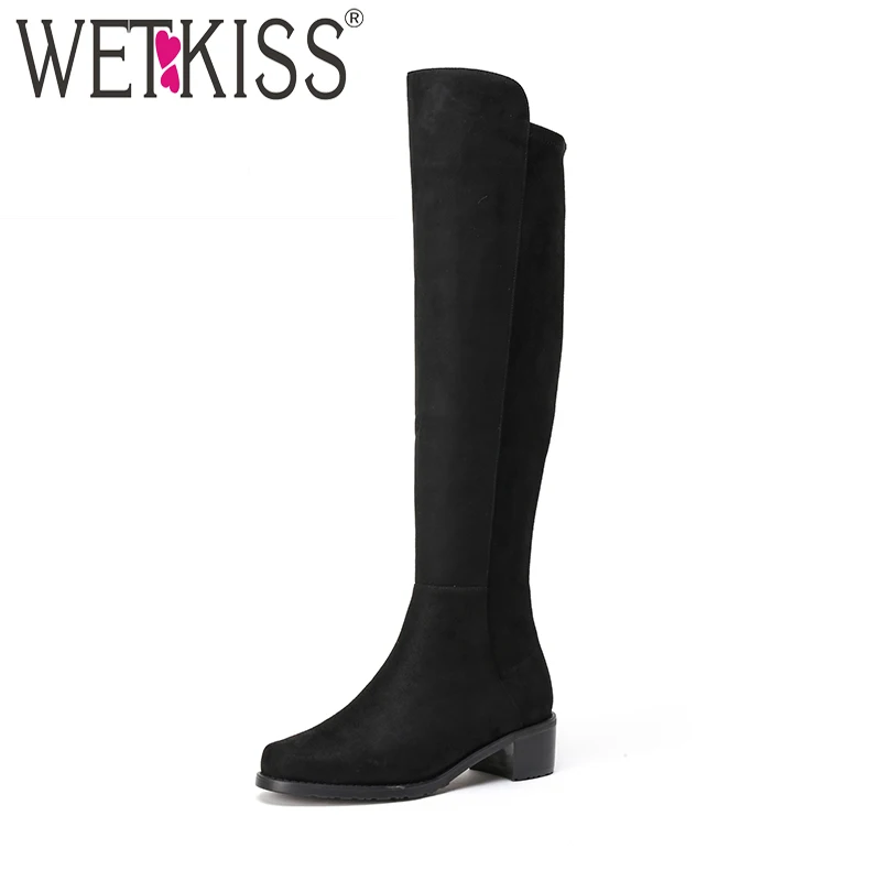 

WETKISS 2018 New Winter Thick Heels Women Boots Flock Boot Square Toe Over The Knee Female Shoes Short plush Warm Footwear
