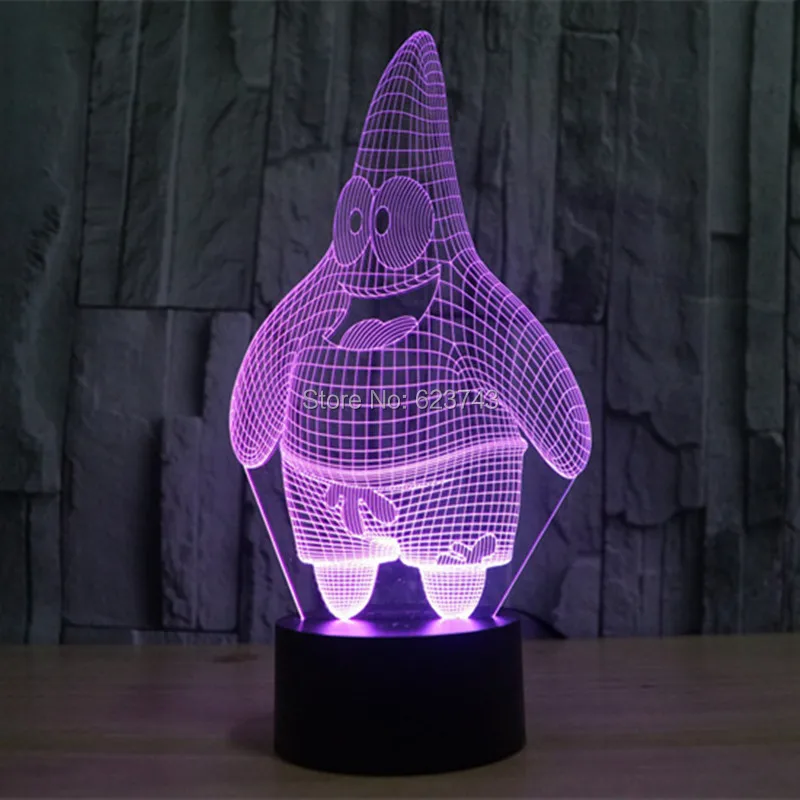 

Free Shipping 7 Color Changing Glowing Cartoon SpongeBob Patrick Star acrylic 3D LED Night Light USB 3D LED Table Lamps