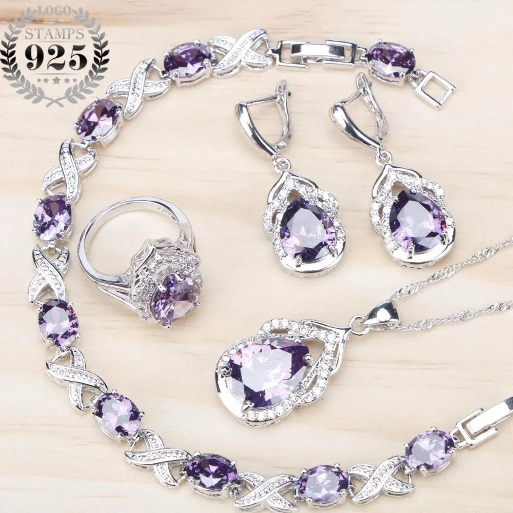 

Silver 925 Costume Jewelry Sets Women Purple Zircon Stones Earrings/Pendant/Ring/Bracelets Set For Wedding Jewelry Free Gift Box