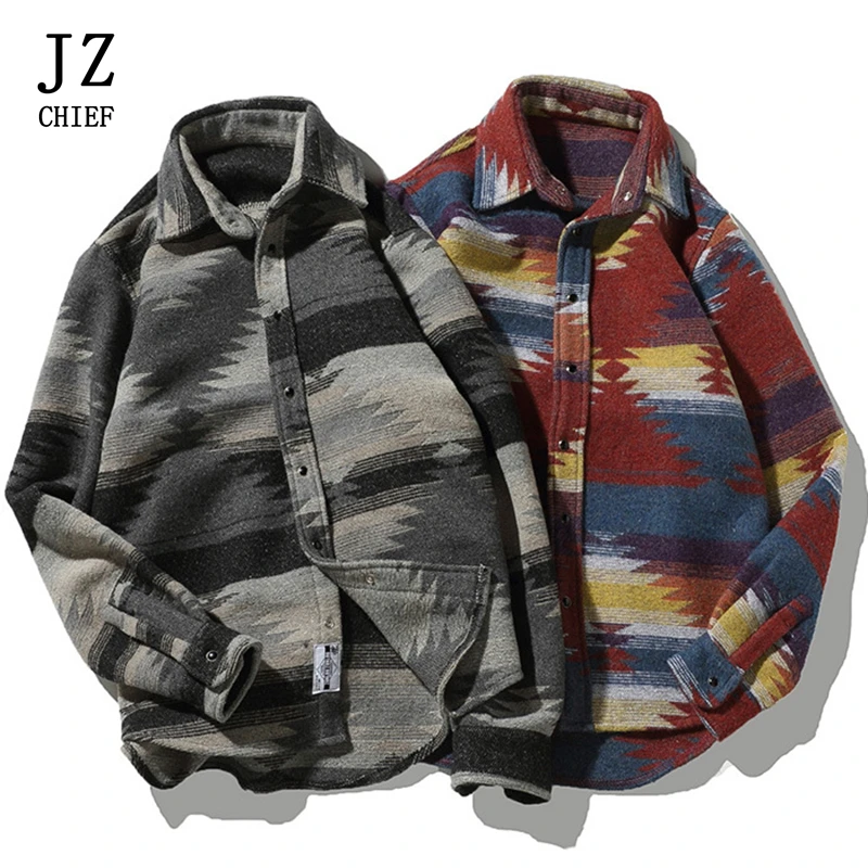 Japanse stijl Mannen Shirt Mode Hip Hop Plaid Wollen Lange Mouwen Man Streetwear Shirt Oversize Casual camisa