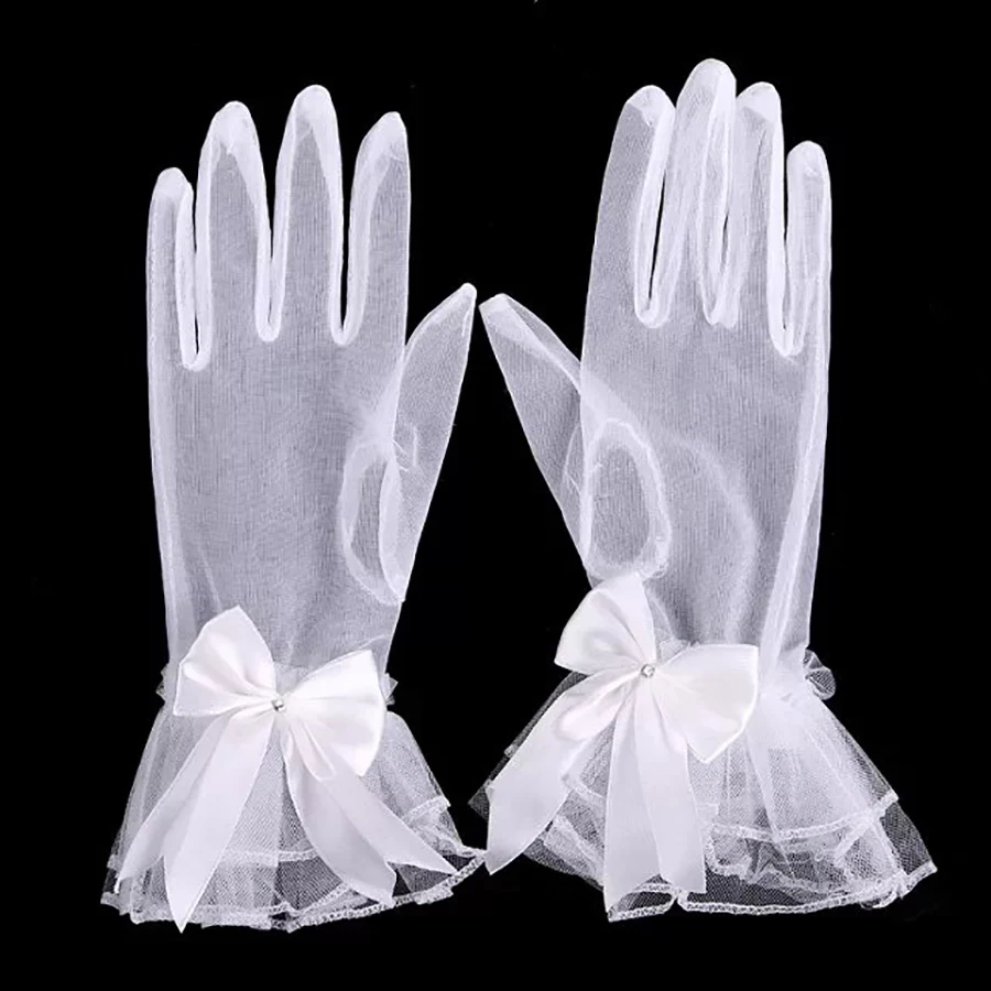 SoDigne White Bridal Gloves With Full Fingers In stock Bow Wedding
