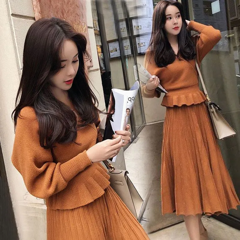 

modis Woman's sets Autumn Winter 2019 Korean Sexy Fashion Ruffle sweater women +Pleated skirt 2 Two-piece set women skirt set