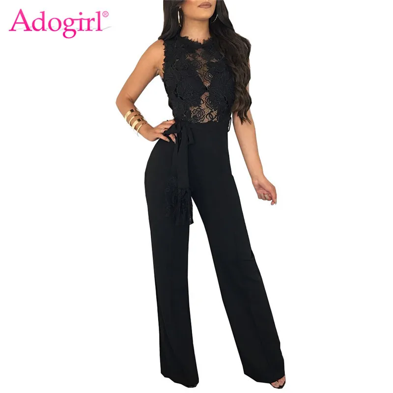 

Adogirl Sexy Sheer Lace Applique Casual Jumpsuit Solid Black White Red Sleeveless Romper with Belt Women Wide Leg Pants Overalls