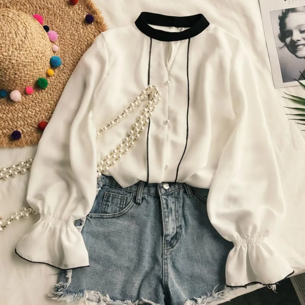 

Nice Autumn Cute Nice Preppy Style Office Lady White Women Blouses Loose Bead Girls Elegant Travel Holiday School Shirts